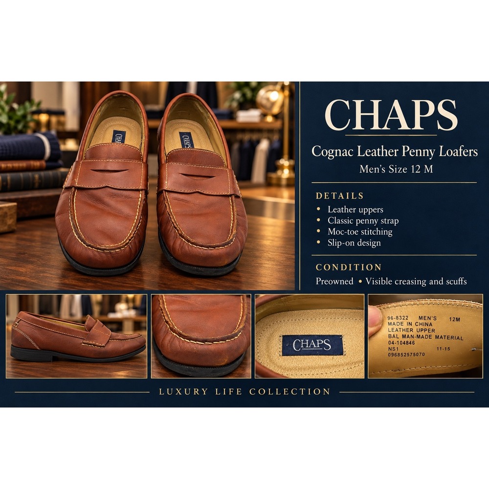 Chaps Mens Cognac Leather Penny Loafers Size 12 M Brown Slip On Shoes 96-8322